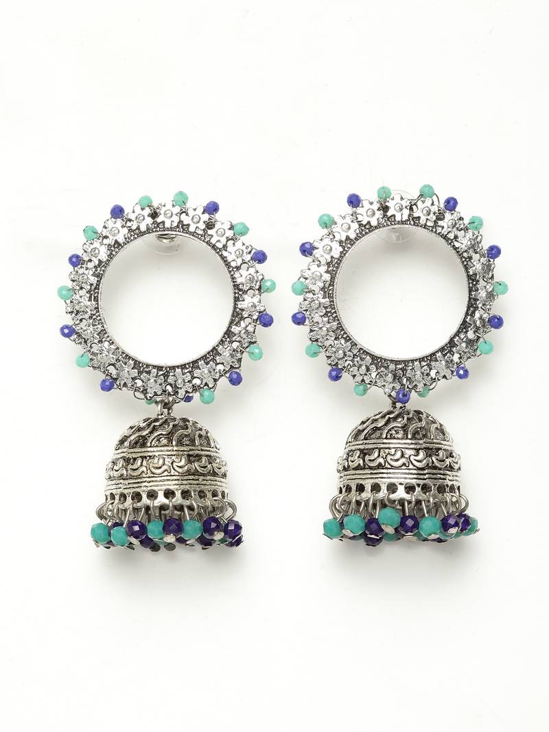 Handcrafted Blue Beads Afghan Design Oxidised Silver Plated Brass Jhumkas