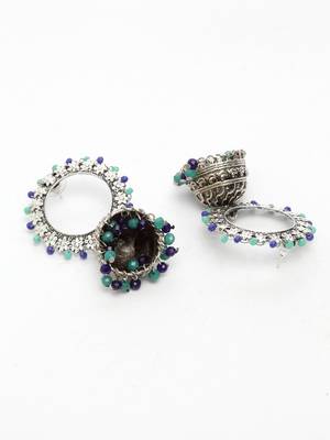 Handcrafted Blue Beads Afghan Design Oxidised Silver Plated Brass Jhumkas 4