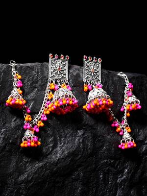 Handcrafted Pink Orange Beads Stones Oxidised Silver Plated Brass Jhumkas with Ear Chain 1