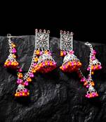 Handcrafted Pink Orange Beads Stones Oxidised Silver Plated Brass Jhumkas with Ear Chain