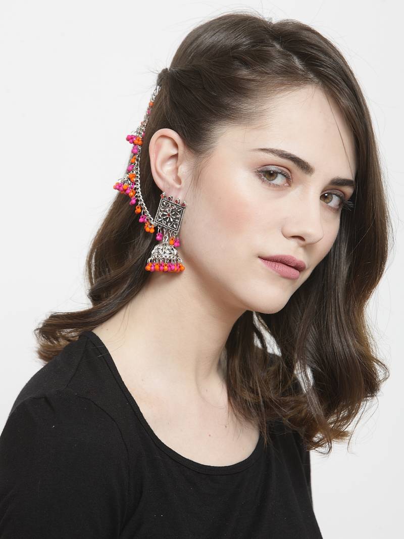 Handcrafted Pink Orange Beads Stones Oxidised Silver Plated Brass Jhumkas with Ear Chain