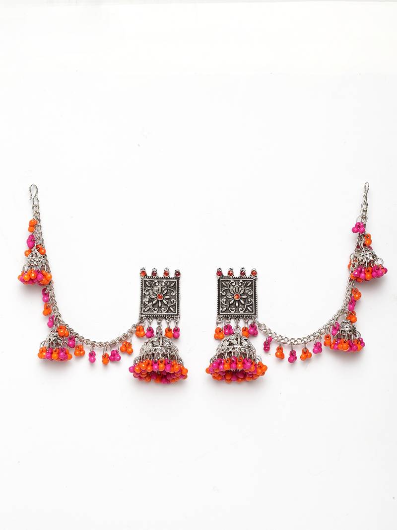 Handcrafted Pink Orange Beads Stones Oxidised Silver Plated Brass Jhumkas with Ear Chain