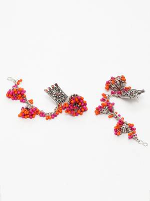 Handcrafted Pink Orange Beads Stones Oxidised Silver Plated Brass Jhumkas with Ear Chain 4