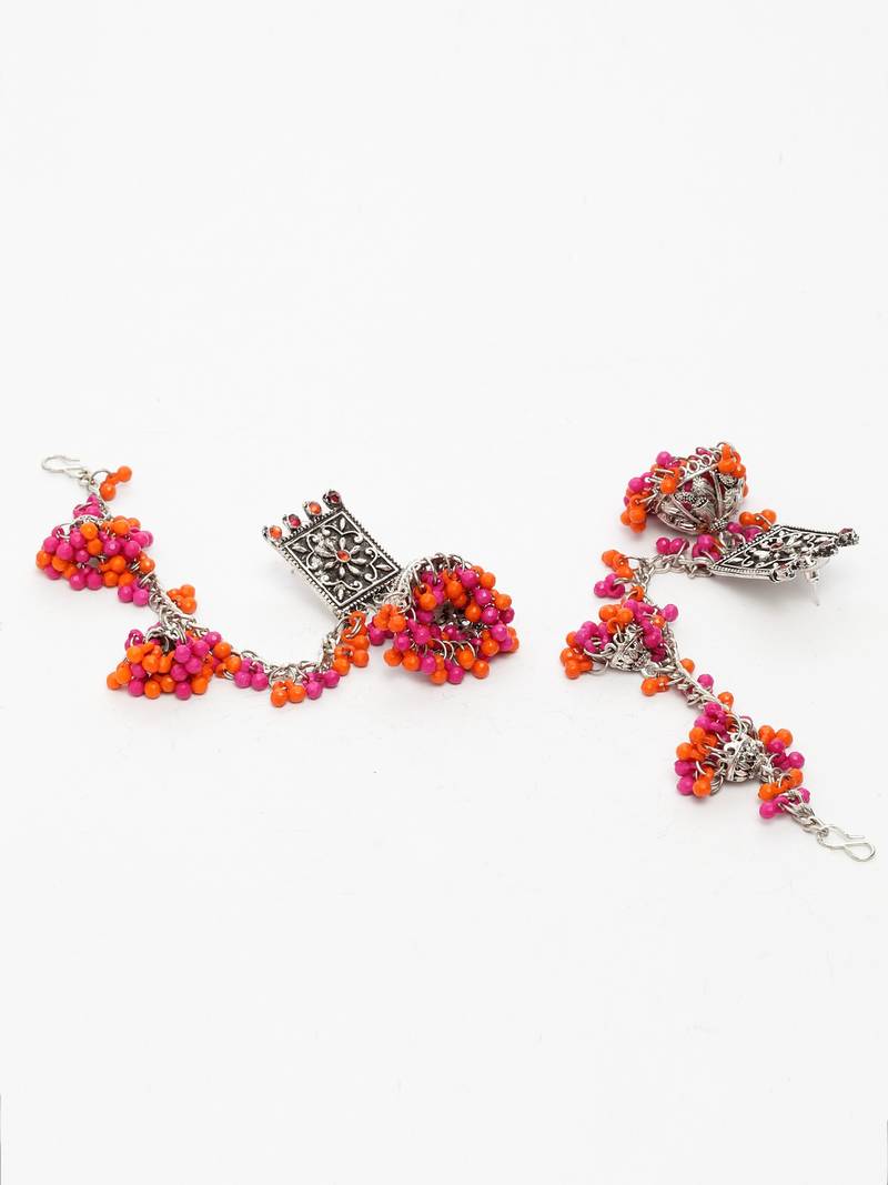 Handcrafted Pink Orange Beads Stones Oxidised Silver Plated Brass Jhumkas with Ear Chain