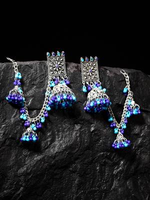 Handcrafted Blue Beads Stones Oxidised Silver Plated Brass Jhumkas with Ear Chain 1