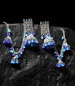 Handcrafted Blue Beads Stones Oxidised Silver Plated Brass Jhumkas with Ear Chain
