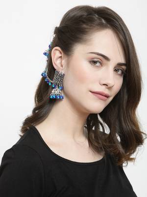 Handcrafted Blue Beads Stones Oxidised Silver Plated Brass Jhumkas with Ear Chain 2