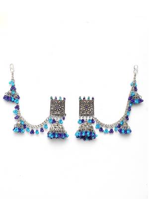 Handcrafted Blue Beads Stones Oxidised Silver Plated Brass Jhumkas with Ear Chain 3