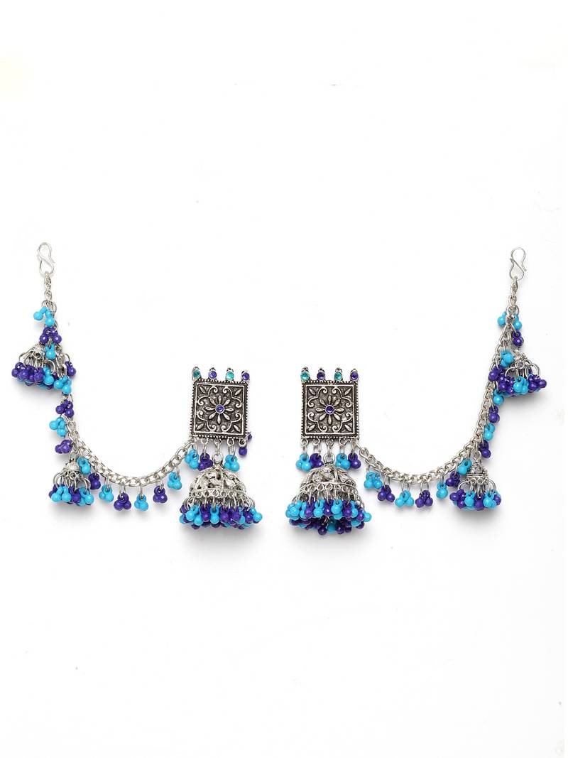 Handcrafted Blue Beads Stones Oxidised Silver Plated Brass Jhumkas with Ear Chain