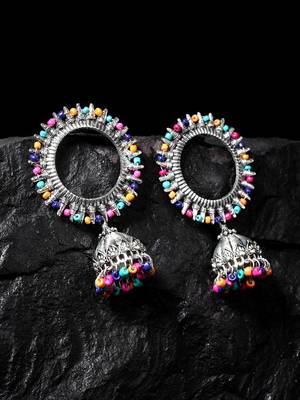 Handcrafted Multi Color Beads Afghan Design Oxidised Silver Plated Brass Jhumkas 1
