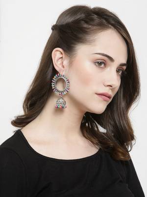 Handcrafted Multi Color Beads Afghan Design Oxidised Silver Plated Brass Jhumkas 2