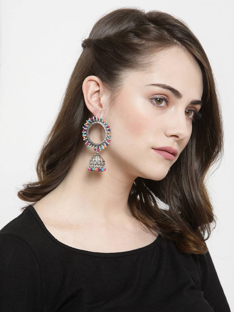 Handcrafted Multi Color Beads Afghan Design Oxidised Silver Plated Brass Jhumkas