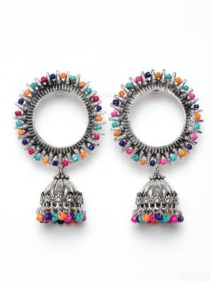 Handcrafted Multi Color Beads Afghan Design Oxidised Silver Plated Brass Jhumkas 3