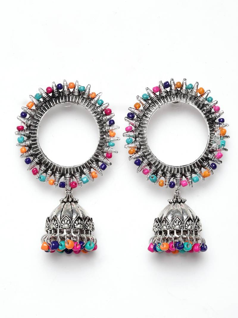 Handcrafted Multi Color Beads Afghan Design Oxidised Silver Plated Brass Jhumkas