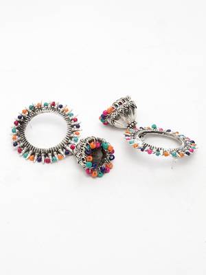 Handcrafted Multi Color Beads Afghan Design Oxidised Silver Plated Brass Jhumkas 4