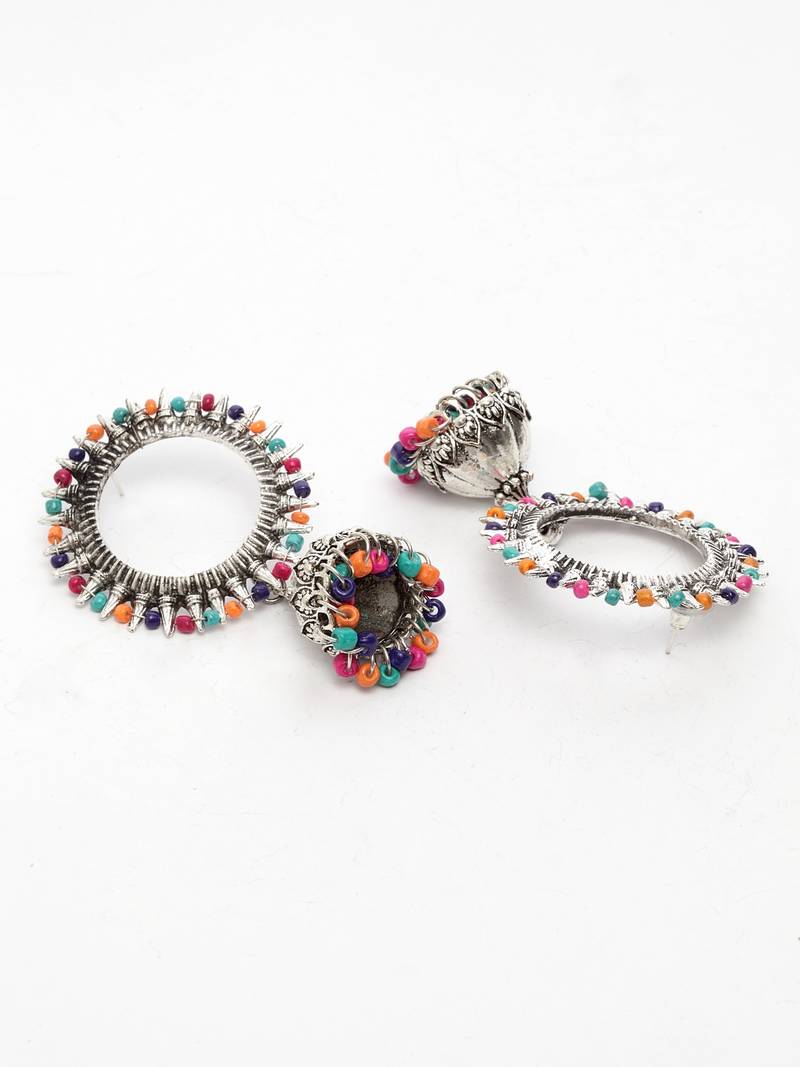 Handcrafted Multi Color Beads Afghan Design Oxidised Silver Plated Brass Jhumkas