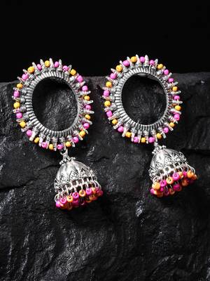 Handcrafted Pink Orange Beads Afghan Design Oxidised Silver Plated Brass Jhumkas 1