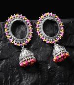 Handcrafted Pink Orange Beads Afghan Design Oxidised Silver Plated Brass Jhumkas