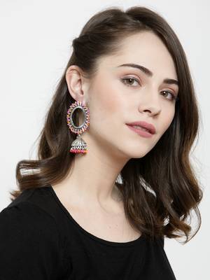 Handcrafted Pink Orange Beads Afghan Design Oxidised Silver Plated Brass Jhumkas 2