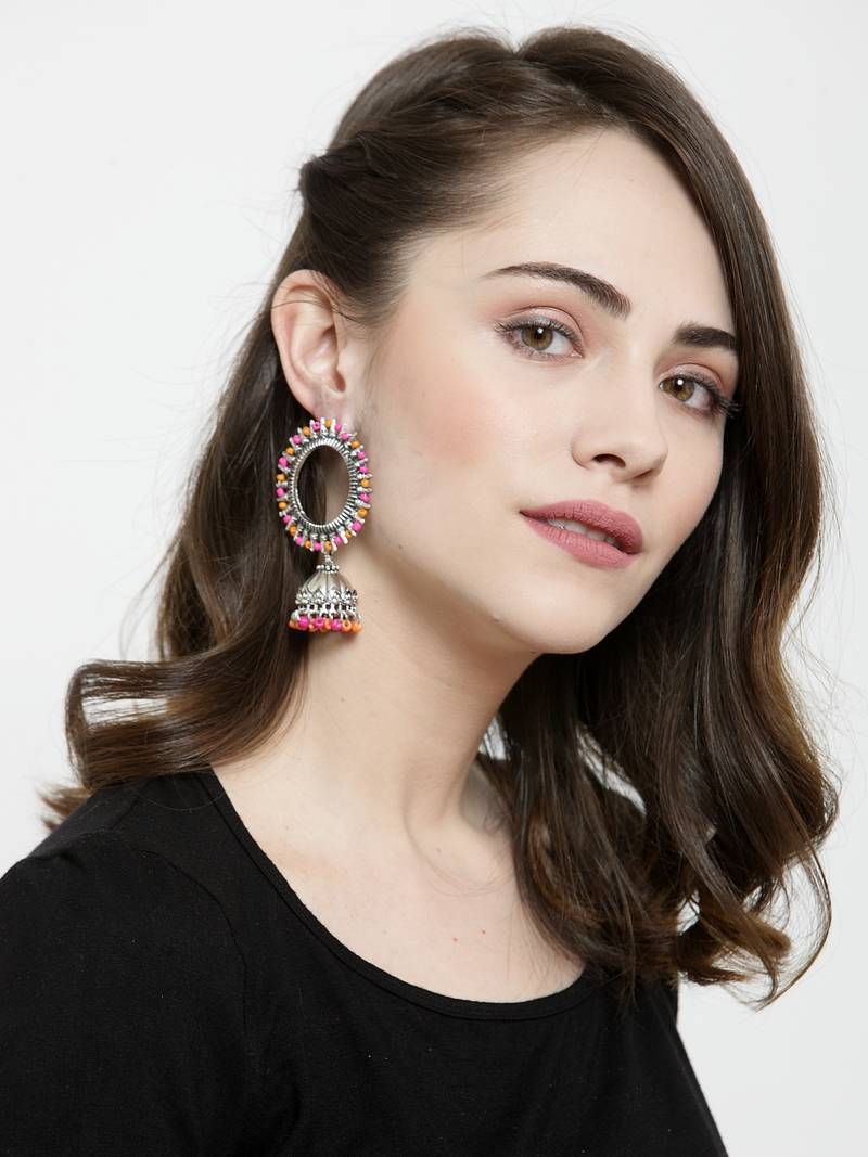 Handcrafted Pink Orange Beads Afghan Design Oxidised Silver Plated Brass Jhumkas