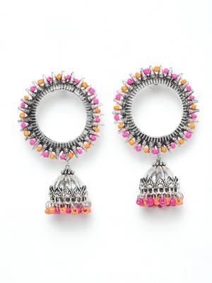 Handcrafted Pink Orange Beads Afghan Design Oxidised Silver Plated Brass Jhumkas 3