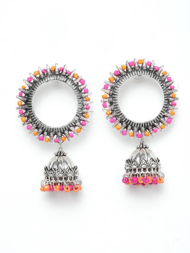 Handcrafted Pink Orange Beads Afghan Design Oxidised Silver Plated Brass Jhumkas