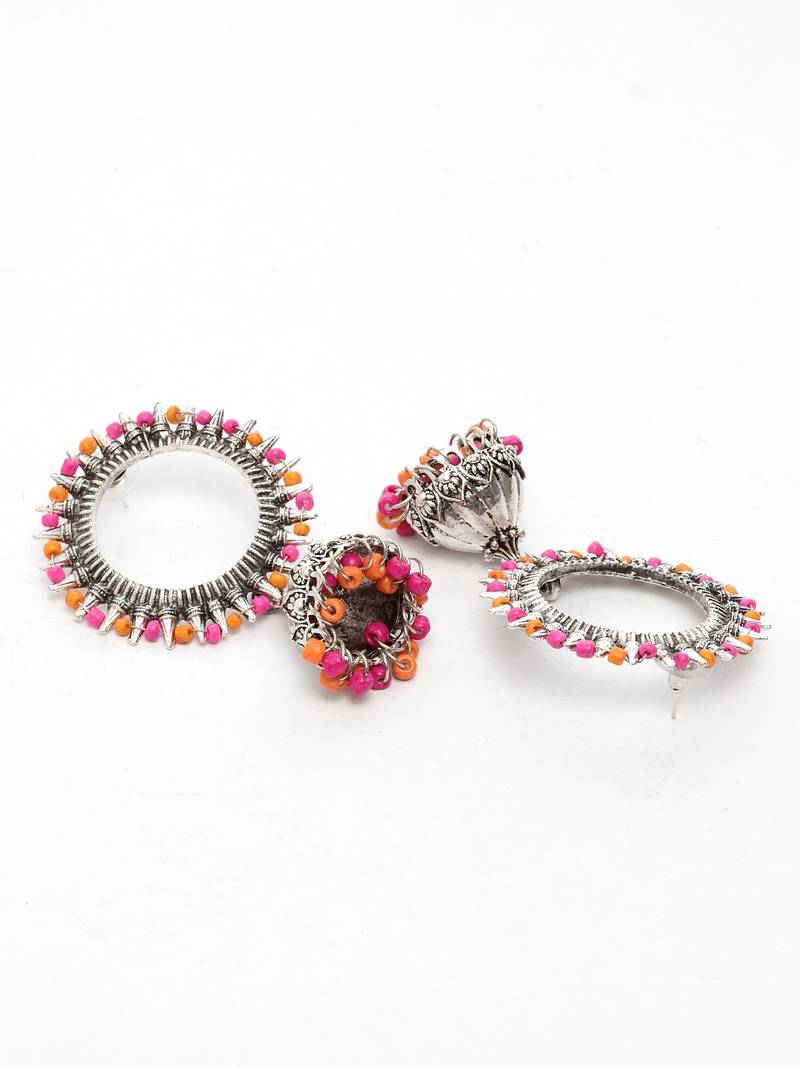 Handcrafted Pink Orange Beads Afghan Design Oxidised Silver Plated Brass Jhumkas