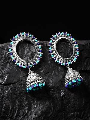 Handcrafted Turquoise Blue Beads Afghan Design Oxidised Silver Plated Brass Jhumkas 1