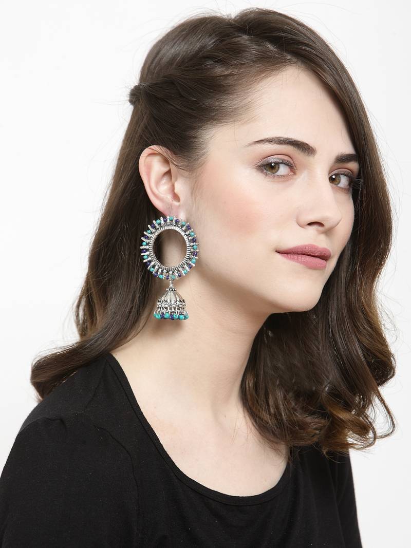 Handcrafted Turquoise Blue Beads Afghan Design Oxidised Silver Plated Brass Jhumkas