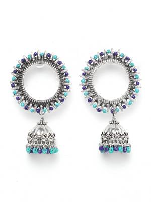 Handcrafted Turquoise Blue Beads Afghan Design Oxidised Silver Plated Brass Jhumkas 3