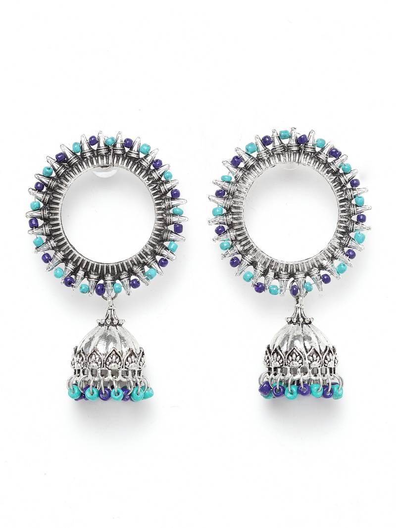 Handcrafted Turquoise Blue Beads Afghan Design Oxidised Silver Plated Brass Jhumkas