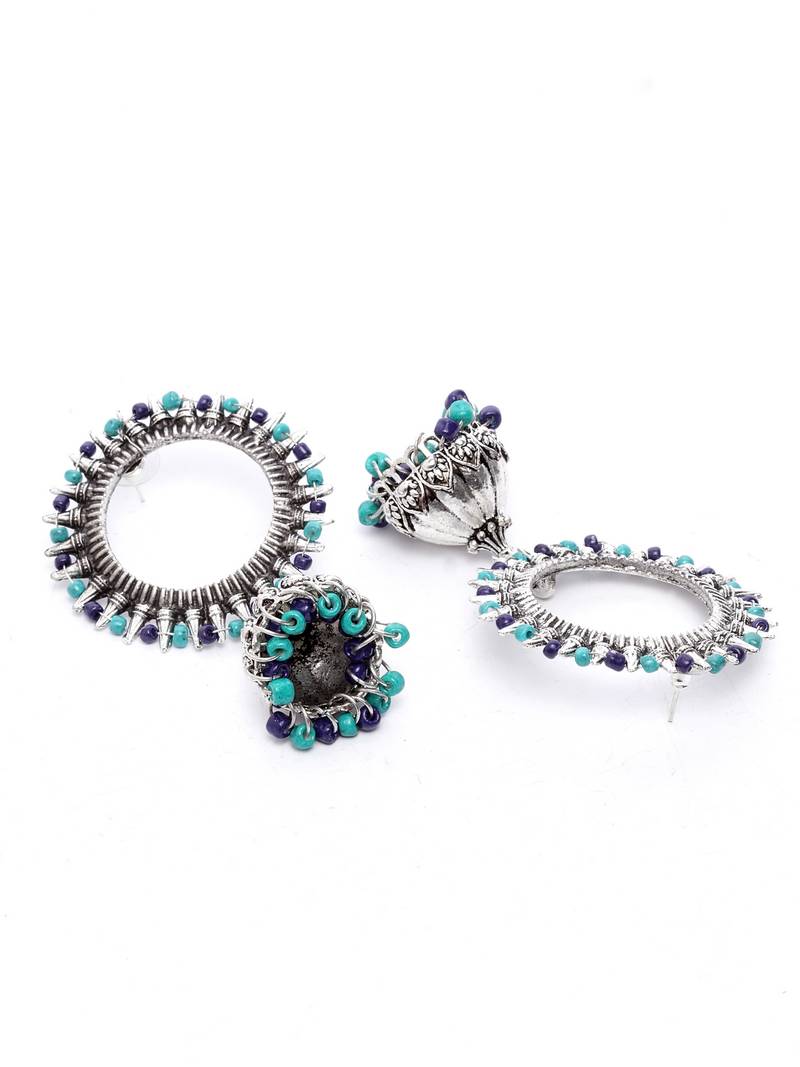 Handcrafted Turquoise Blue Beads Afghan Design Oxidised Silver Plated Brass Jhumkas