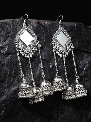Handcrafted Mirror Design Oxidised Silver Plated Dome Shaped Brass Hanging Jhumkas 1