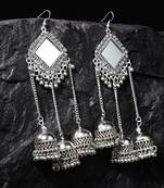 Handcrafted Mirror Design Oxidised Silver Plated Dome Shaped Brass Hanging Jhumkas