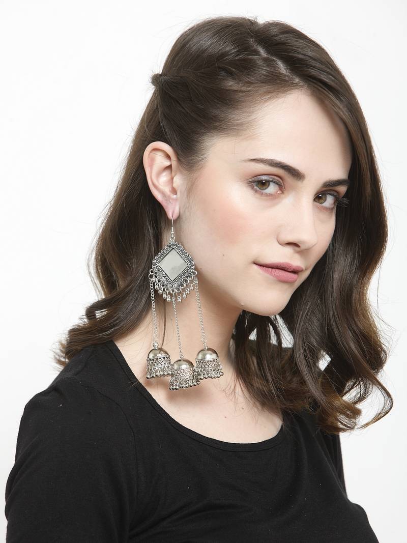 Handcrafted Mirror Design Oxidised Silver Plated Dome Shaped Brass Hanging Jhumkas