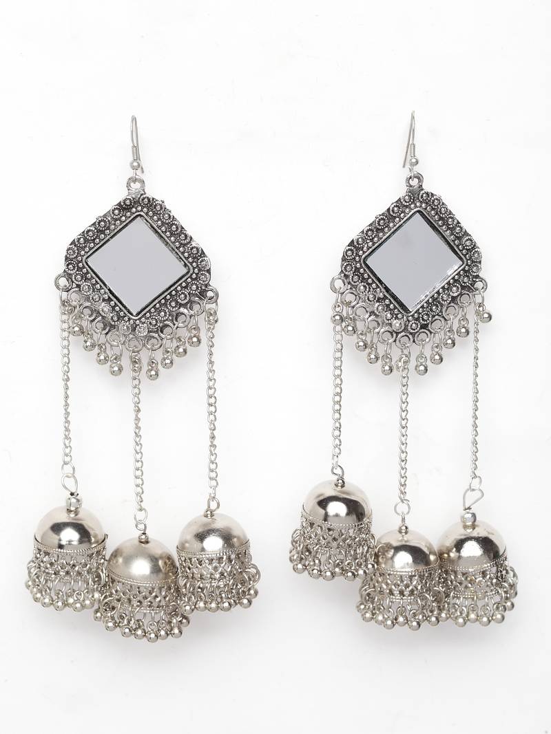 Handcrafted Mirror Design Oxidised Silver Plated Dome Shaped Brass Hanging Jhumkas