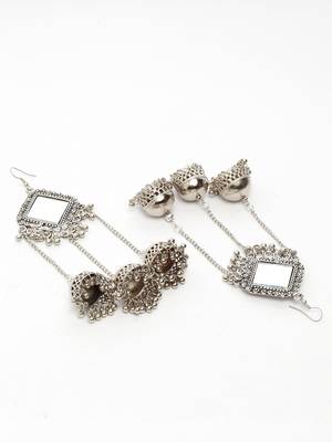 Handcrafted Mirror Design Oxidised Silver Plated Dome Shaped Brass Hanging Jhumkas 4