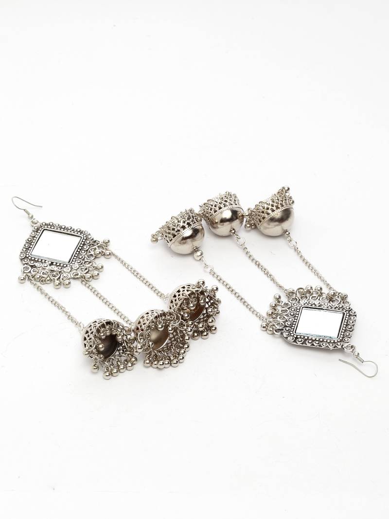 Handcrafted Mirror Design Oxidised Silver Plated Dome Shaped Brass Hanging Jhumkas