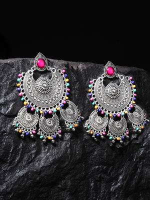 Handcrafted Multi Beads Oxidised Silver Plated Triple Chandbali Design Brass Earrings 1