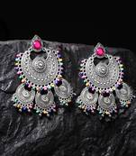 Handcrafted Multi Beads Oxidised Silver Plated Triple Chandbali Design Brass Earrings