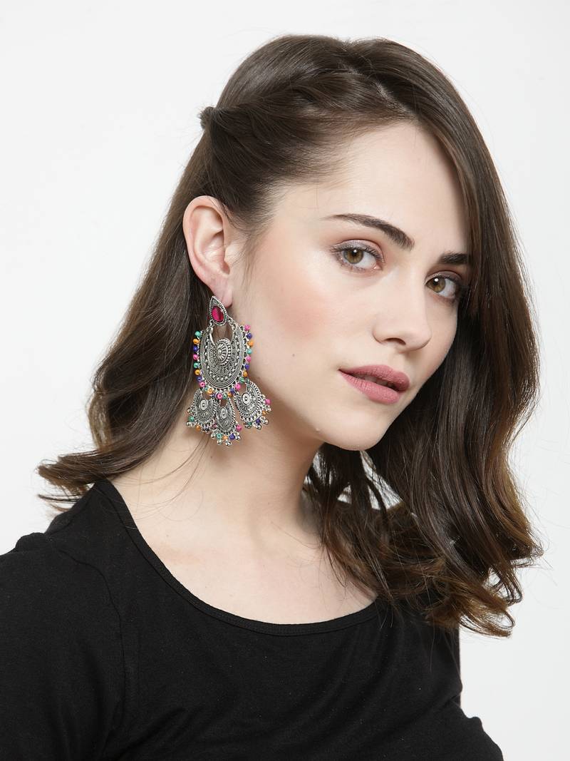 Handcrafted Multi Beads Oxidised Silver Plated Triple Chandbali Design Brass Earrings