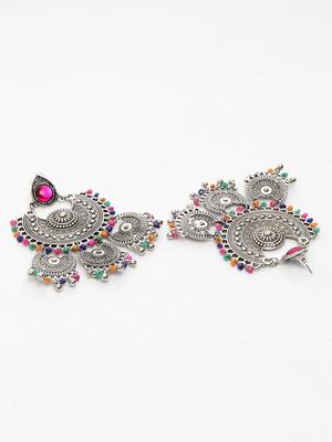 Handcrafted Multi Beads Oxidised Silver Plated Triple Chandbali Design Brass Earrings 3