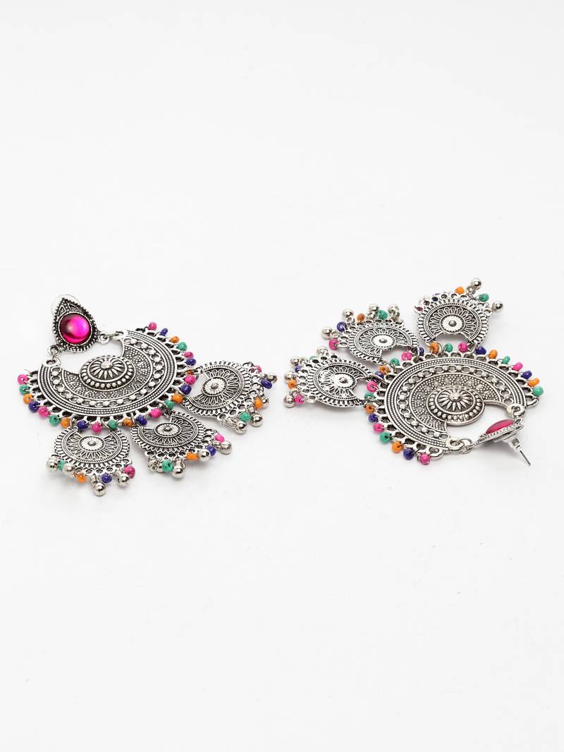 Handcrafted Multi Beads Oxidised Silver Plated Triple Chandbali Design Brass Earrings