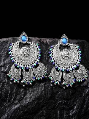Handcrafted Blue Beads Oxidised Silver Plated Triple Chandbali Design Brass Earrings 1
