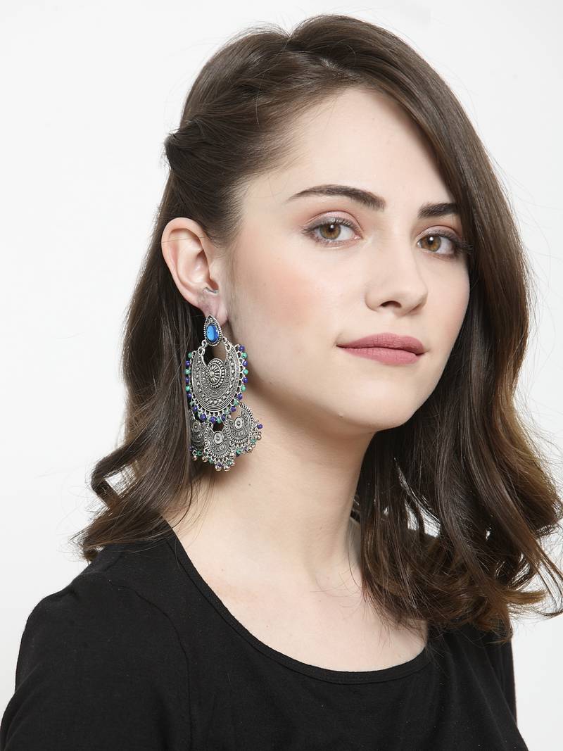 Handcrafted Blue Beads Oxidised Silver Plated Triple Chandbali Design Brass Earrings