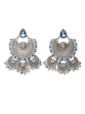 Handcrafted Blue Beads Oxidised Silver Plated Triple Chandbali Design Brass Earrings 3