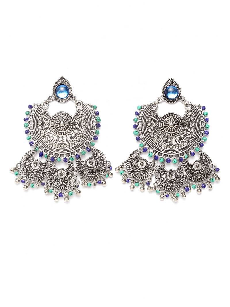 Handcrafted Blue Beads Oxidised Silver Plated Triple Chandbali Design Brass Earrings