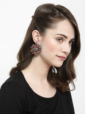 Handcrafted Pink Orange Stones Floral Design Oxidised Silver Plated Brass Studs 1