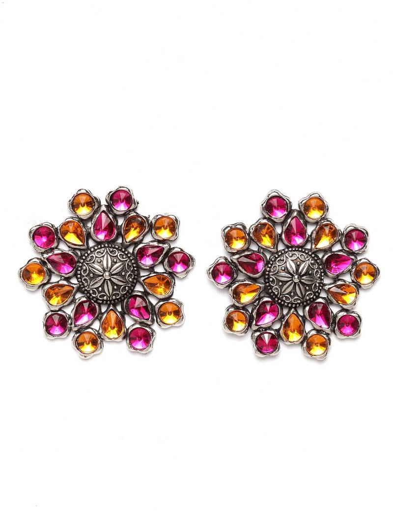 Handcrafted Pink Orange Stones Floral Design Oxidised Silver Plated Brass Studs