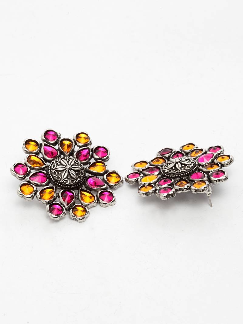 Handcrafted Pink Orange Stones Floral Design Oxidised Silver Plated Brass Studs